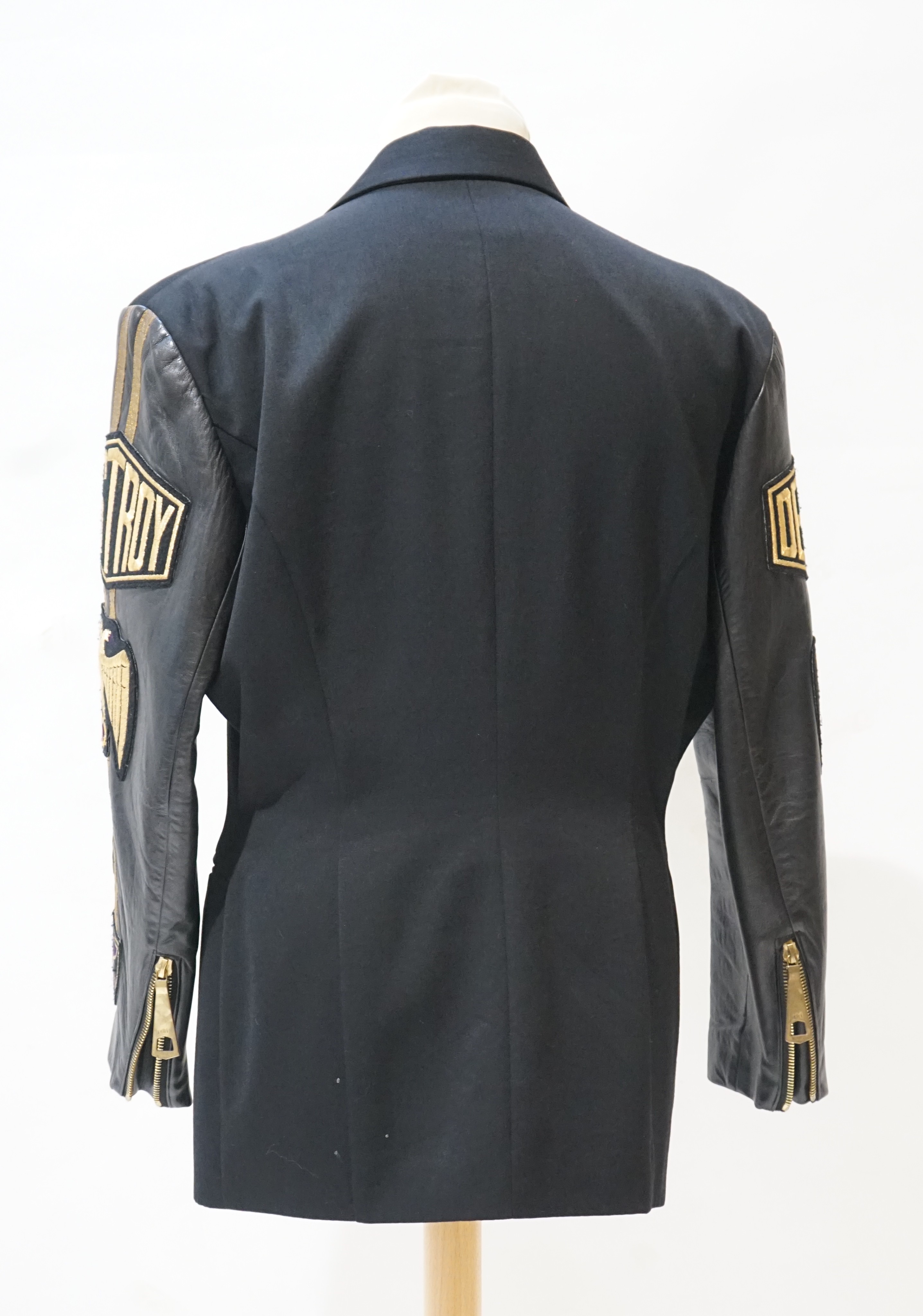 A gentleman's John Richmond double breasted wool jacket with 'Destroy' embroidered leather sleeves, size medium